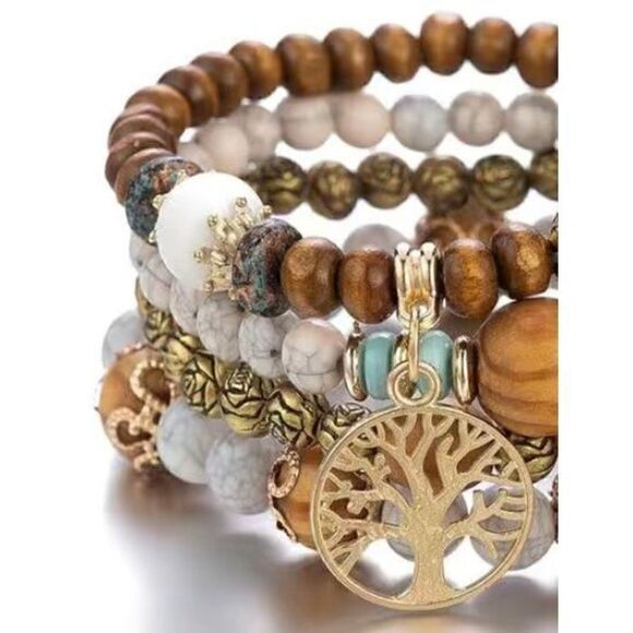 NWT 4 PC Multilayered Brown Wooden Boho
Round Beaded Bracelet Jewelry Set - Picture 2 of 4
